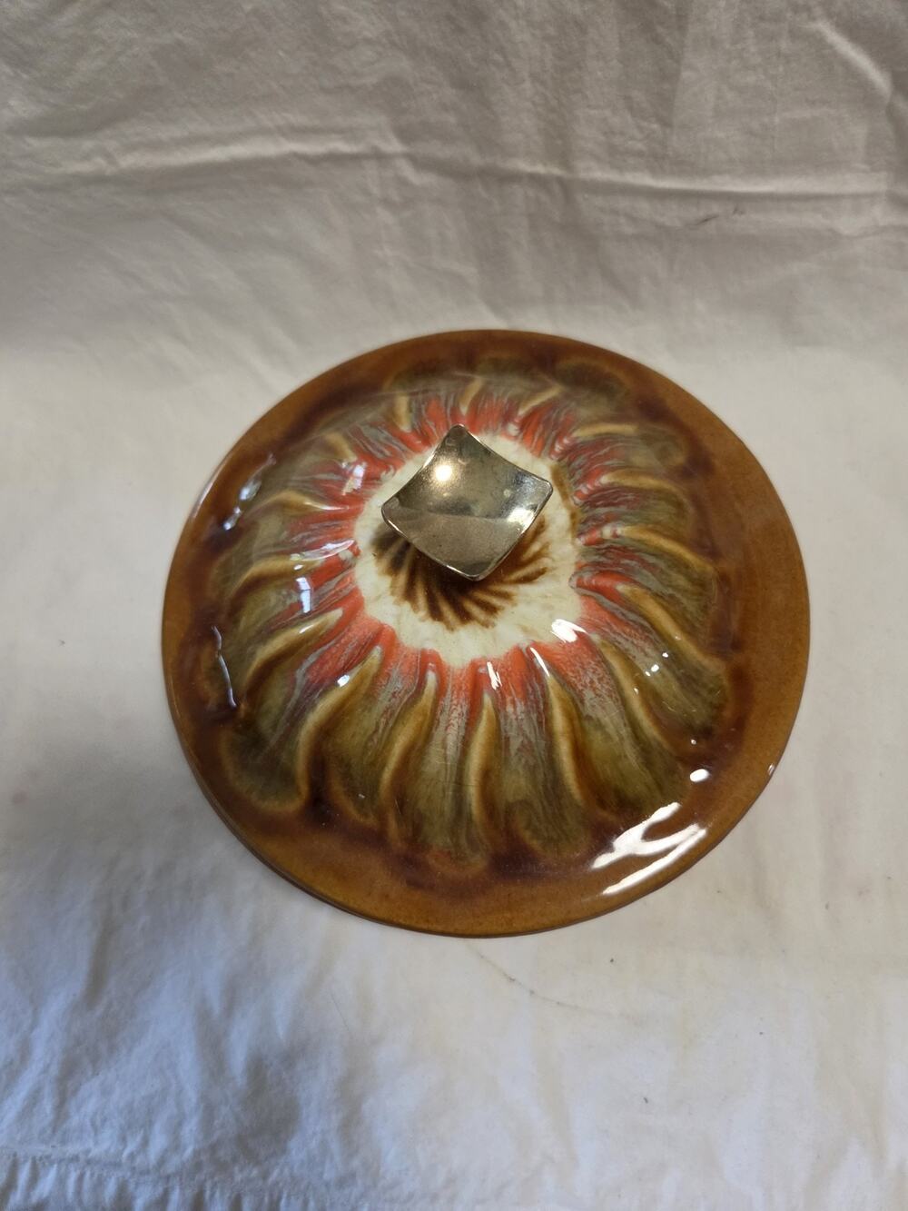 Vintage Maurice California Pottery Drip Glaze Lidded Bowl 6.5" Diameter MCM